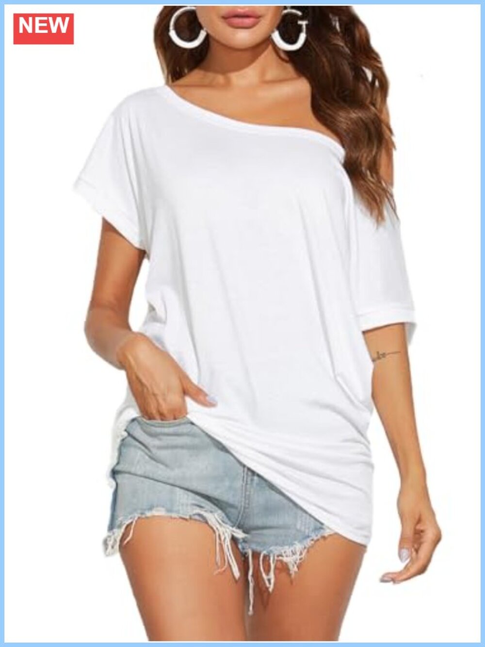 Women's Off Shoulder Short Sleeve Loose Tunic Top Summer Casual Stretchy